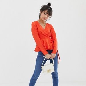 ASOS DESIGN Petite long sleeve wrap top in linen